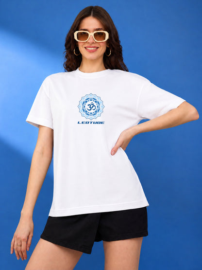 Leotude Women's "Shiv" Trishul Printed T-Shirt — White Oversized Backprint Tee