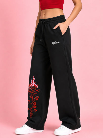 Leotude Women's Black Flame Rose Premium Trackpants