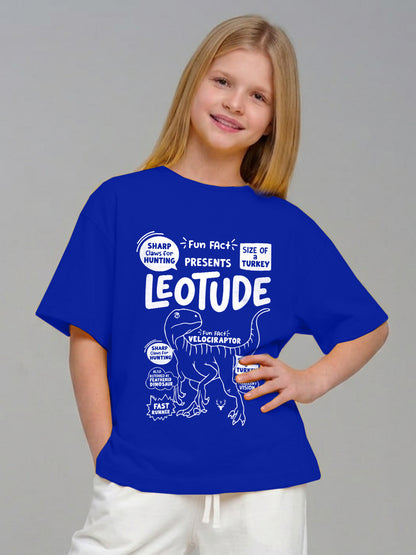 Leotude Girls' Blue Velociraptor Fun Facts Printed T-Shirt