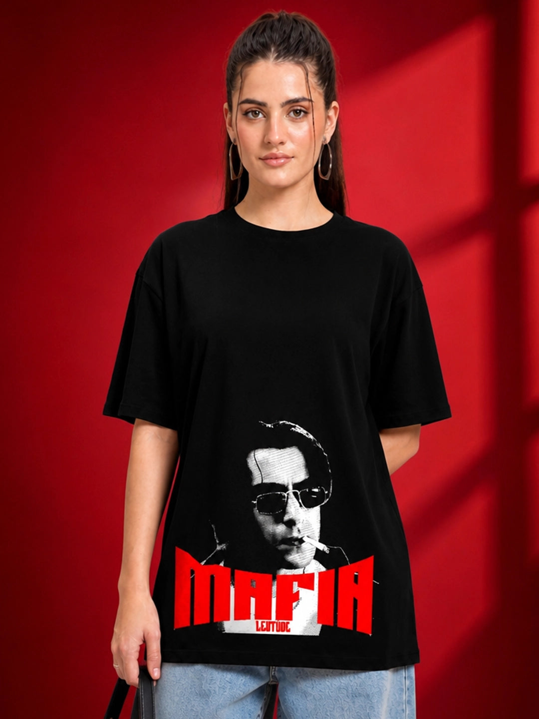 Leotude Black Mafia Printed Oversized Tshirt for Women