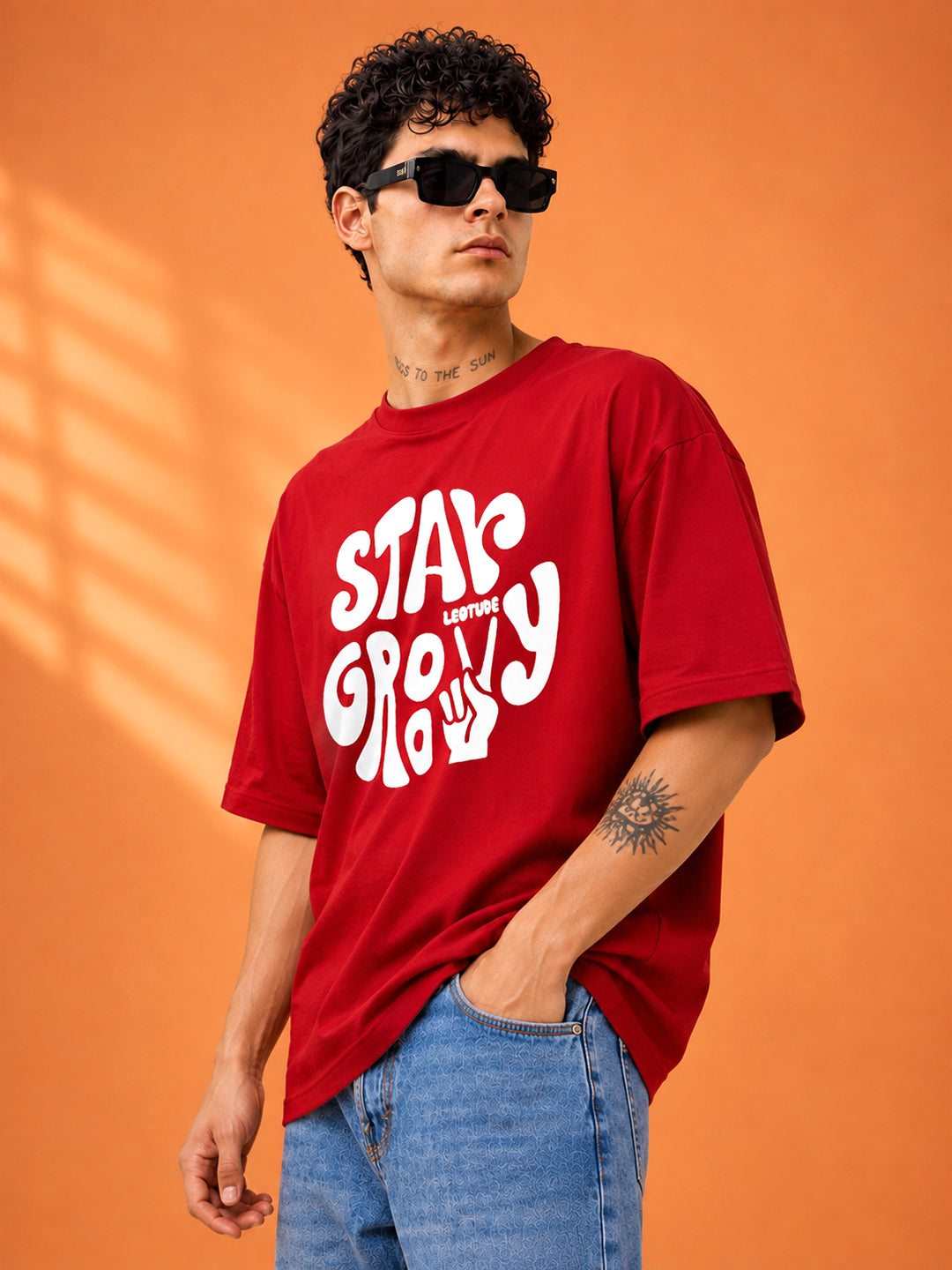 Leotude Men "Stay Groovy" Red Oversized T-Shirt