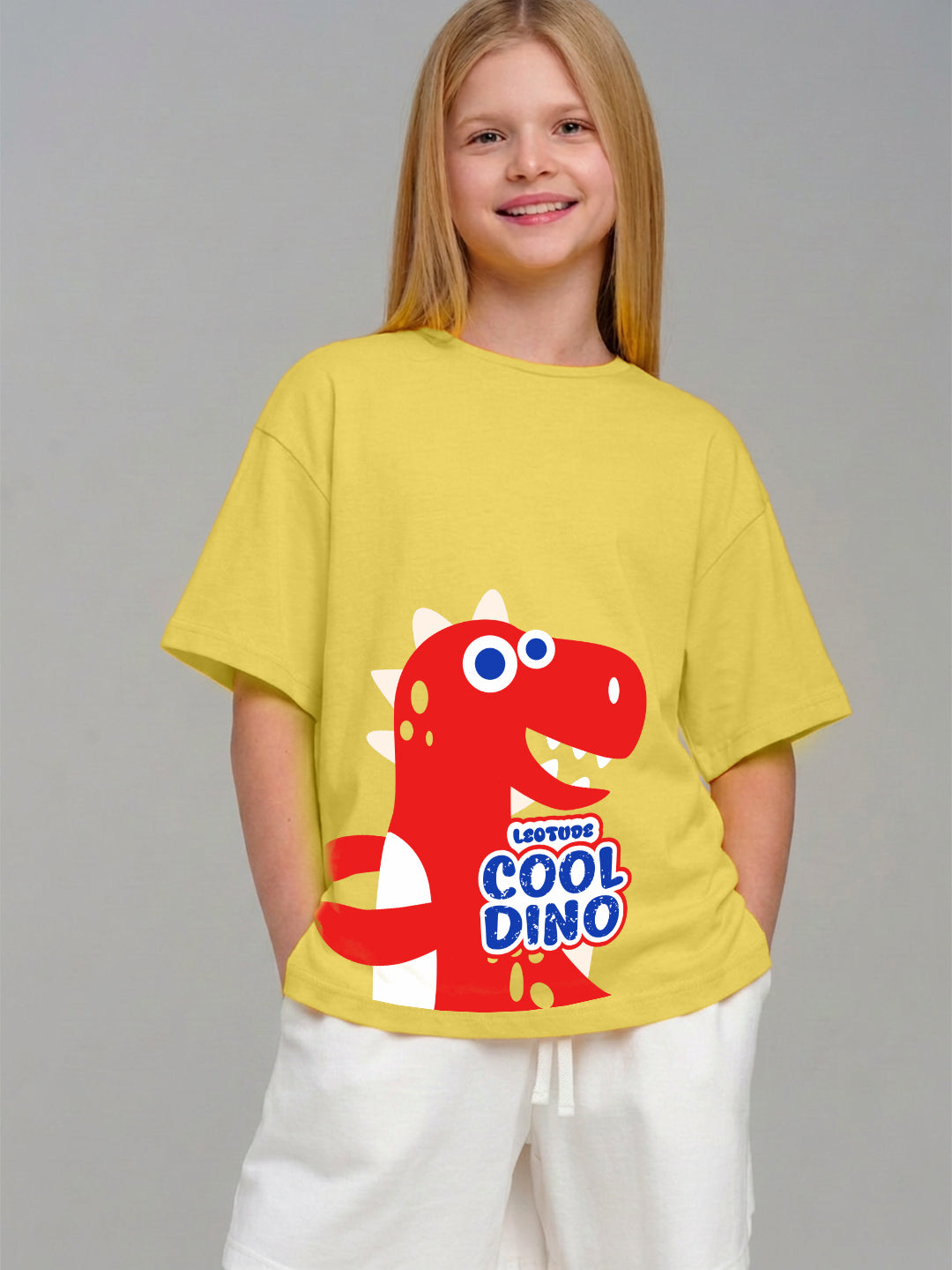 Leotude Girls' Yellow Cool Dino Printed T-Shirt