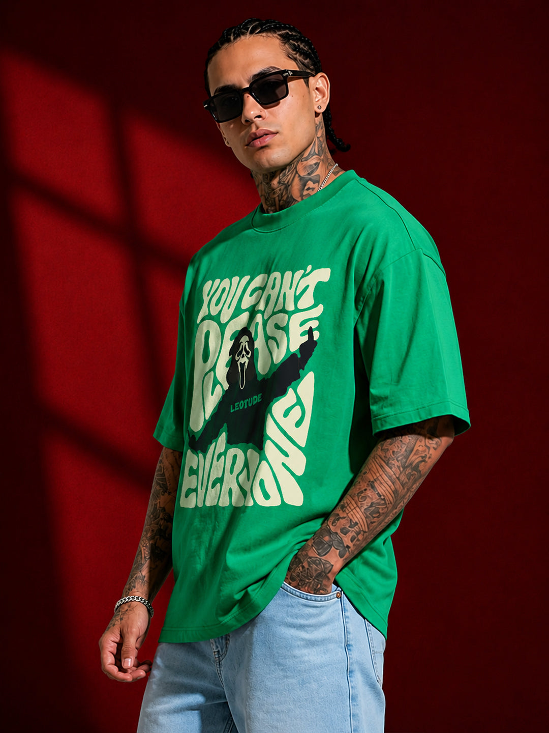 Leotude Men's Ghost Face Graphic Green Oversized T-Shirt