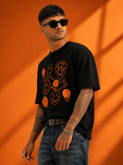 Leotude Black Emoji Printed Oversized Tshirt for Men