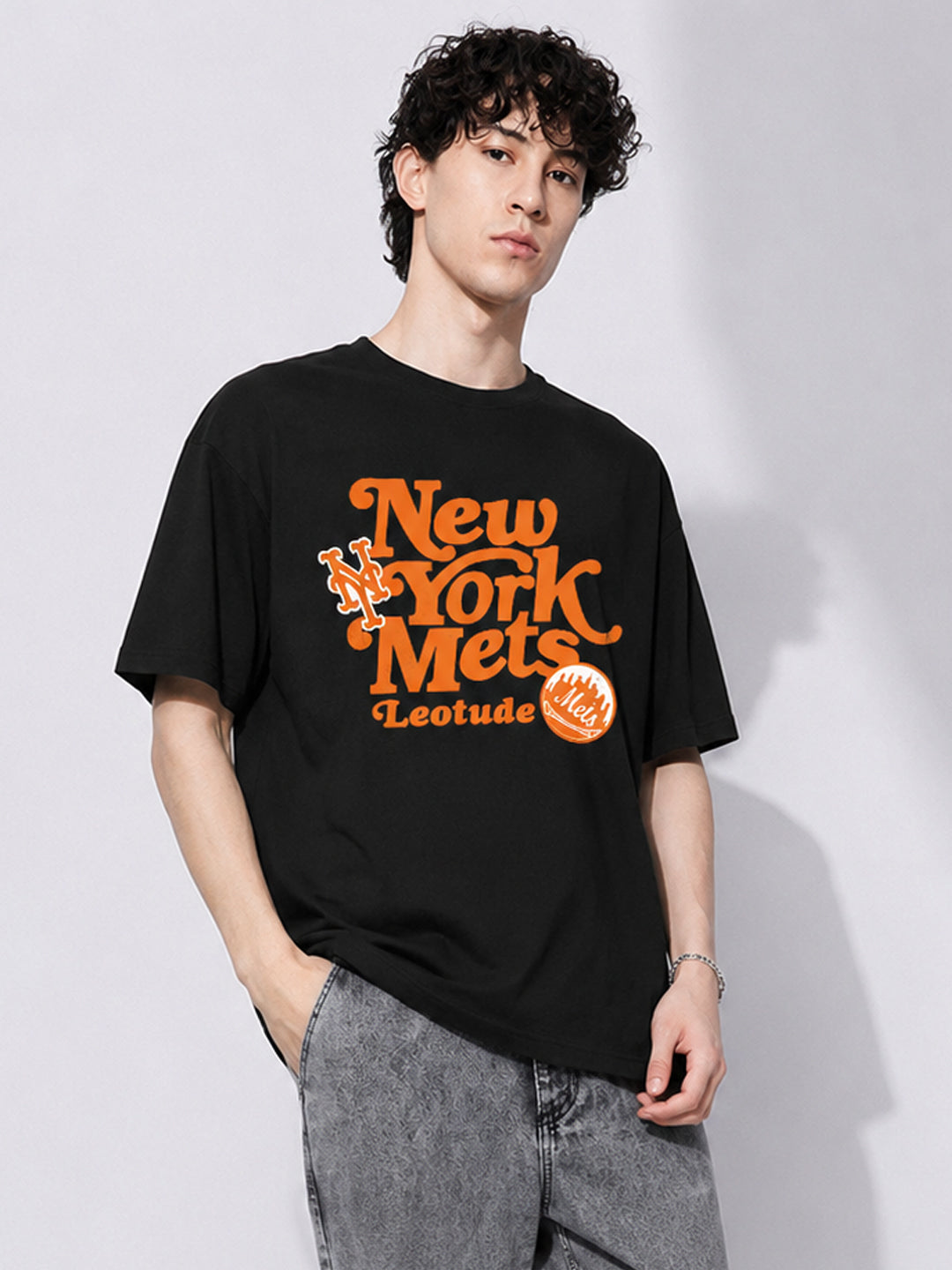 Leotude Men's Black New York Mets Graphic Regular Fit T-Shirt