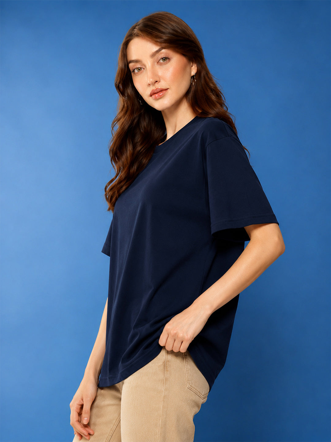 Leotude Oversized Plain T-Shirt — Women's Solid Cotton Drop-Shoulder Tee - Navy