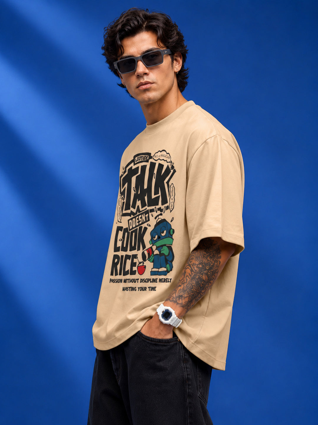 Leotude "Talk Doesn't Cook Rice" Graphic Oversized T-Shirt — Men's Streetwear Tee