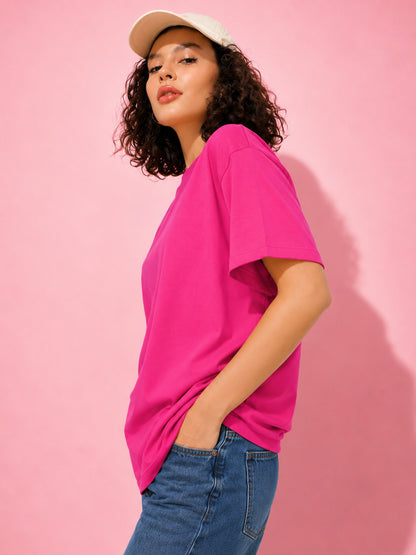 Leotude Oversized Plain T-Shirt — Women's Solid Cotton Drop-Shoulder Tee - Pink