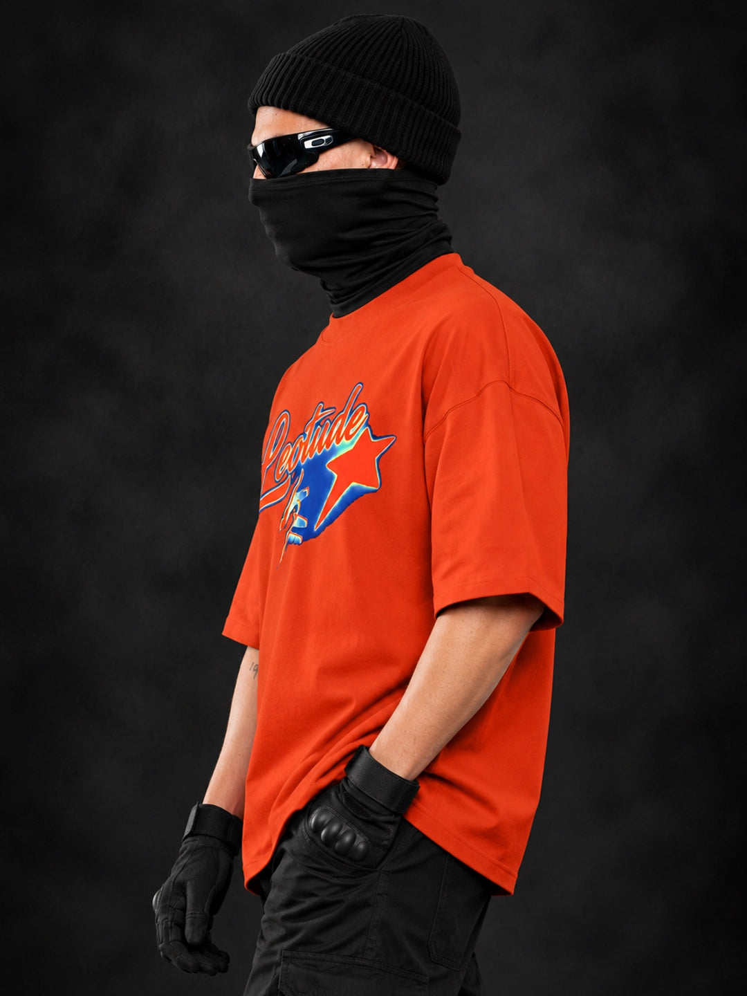 Leotude Men's Orange Signature Logo Elite oversized T-Shirt - chrome star print detail