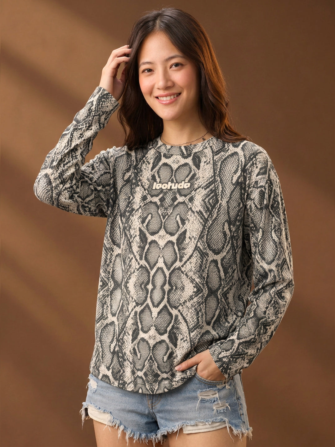 Leotude Women's Grey Snakeskin Print Oversized Full Sleeve T-Shirt