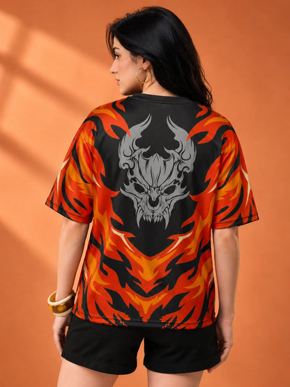 Leotude Women's Black Flame Demon Printed T-Shirt