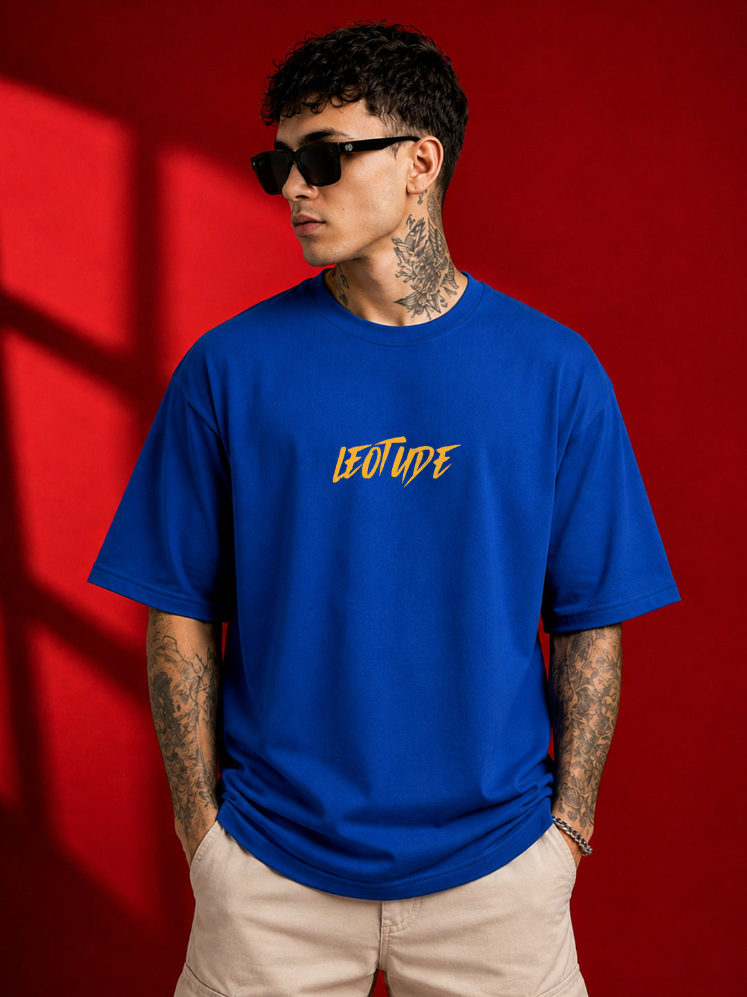 Leotude Men "Wild Roar" Printed Oversized T-Shirt — Royal Blue Streetwear Tee
