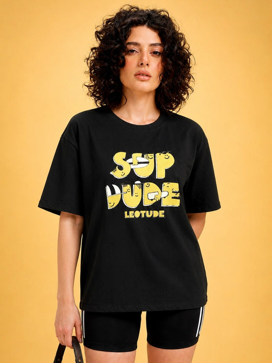 Leotude Black Sup Dude Printed Oversized Tshirt for Women