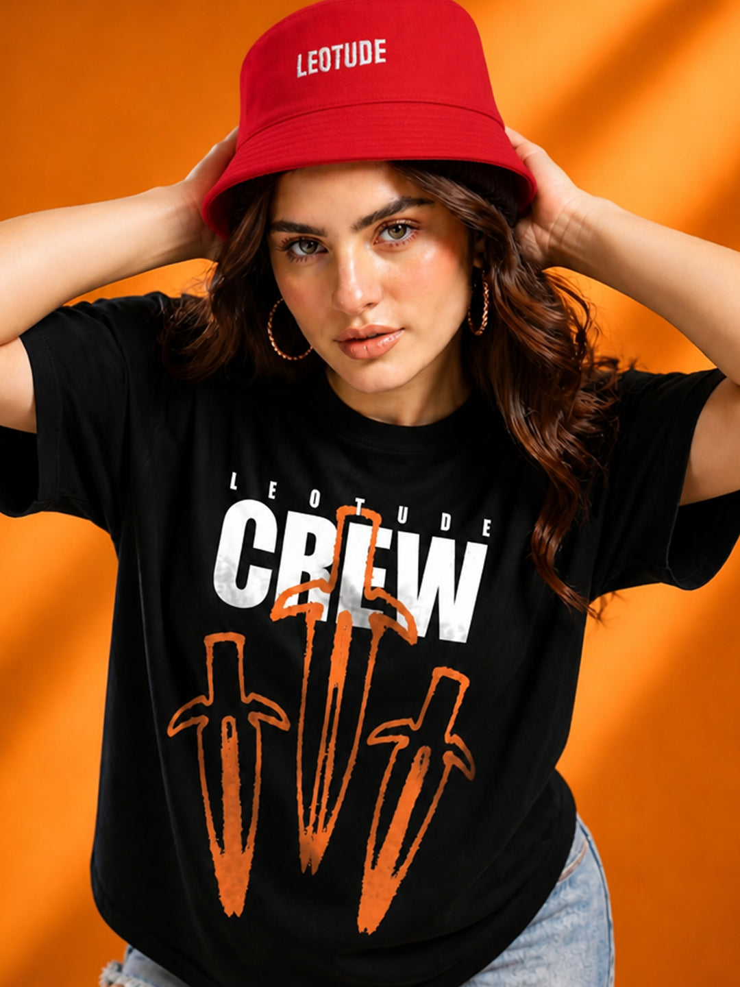 Leotude Black Crew Printed Oversized Tshirt for Women
