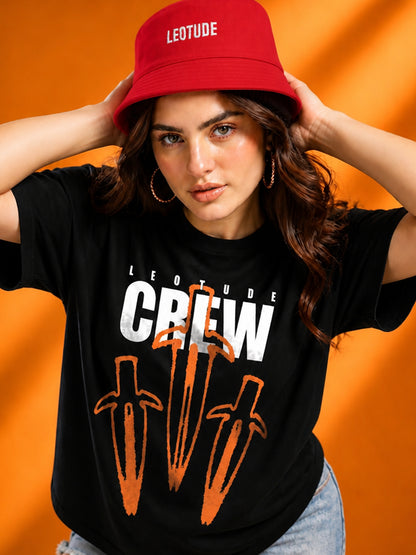 Leotude Black Crew Printed Oversized Tshirt for Women