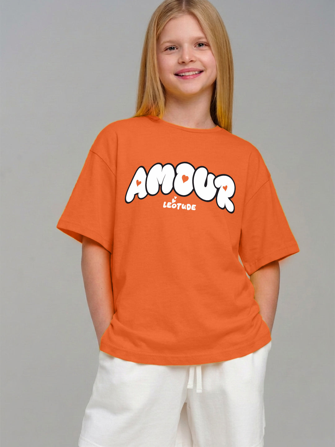 Leotude Girls' Orange Amour Printed T-Shirt