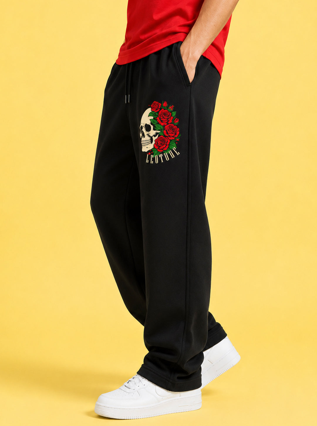 Leotude Men's Black Skull Rose Premium Trackpants