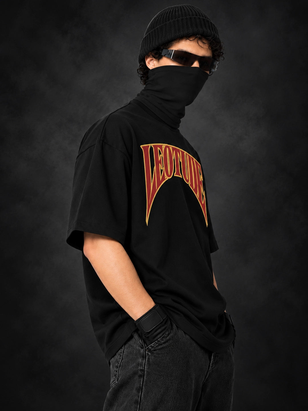 Leotude Men's Black Legacy Logo Elite oversized T-Shirt - red and gold lettering detail