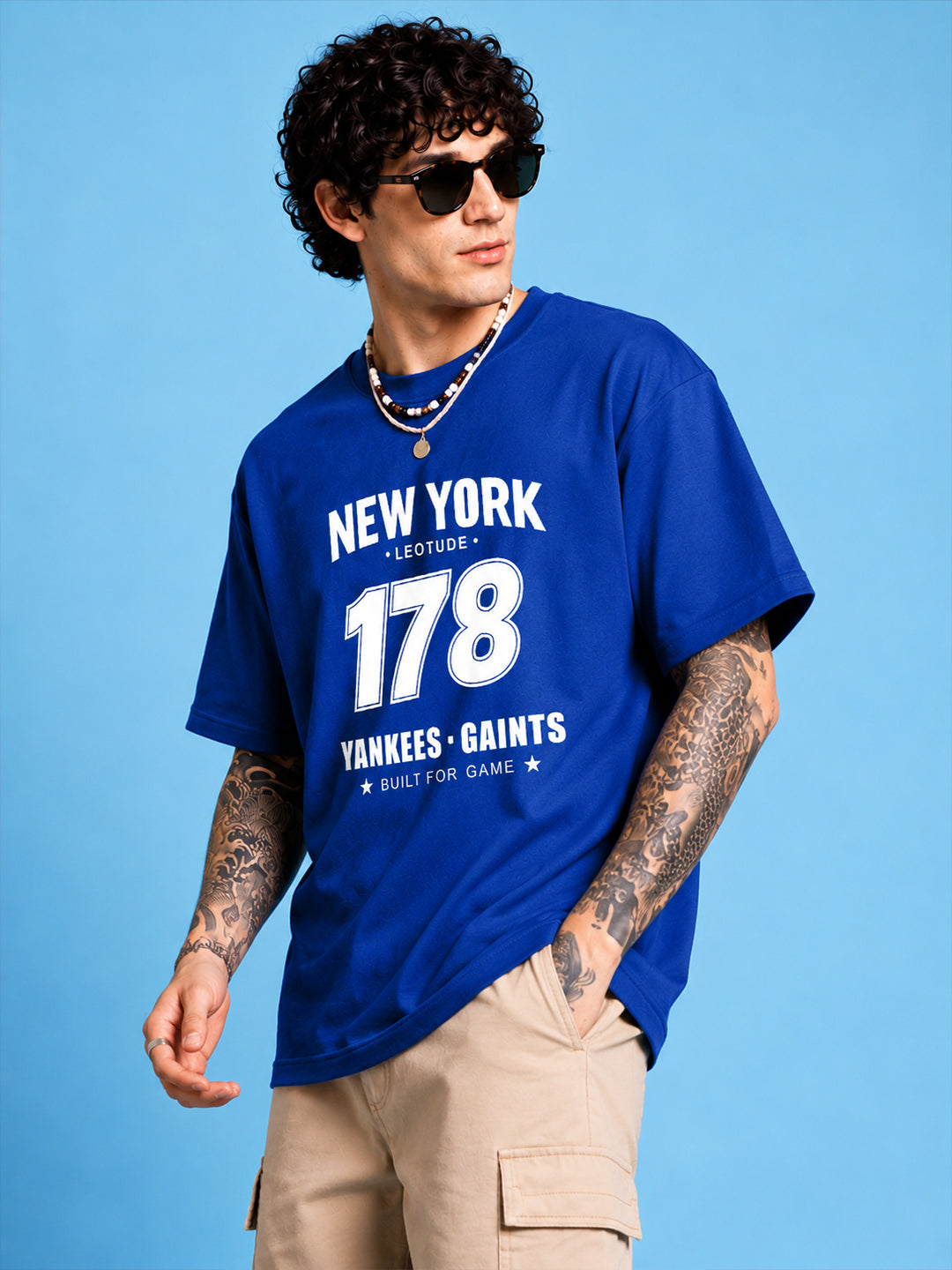 Leotude Men "New York 178" Printed Oversized T-Shirt — Royal Blue Varsity Tee