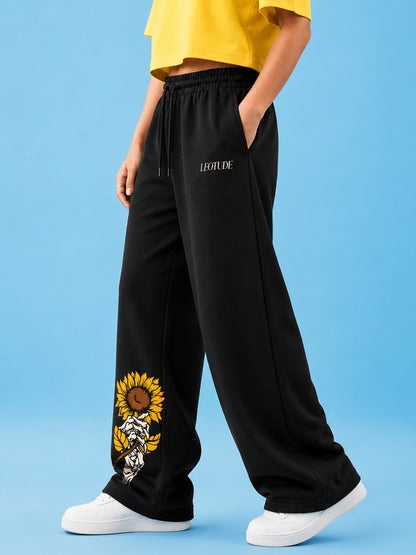 Leotude Women's Black Sunflower Premium Trackpants
