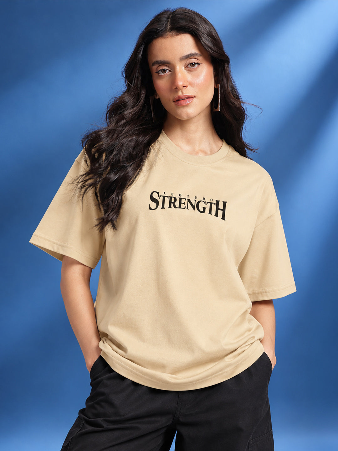 Leotude Women "Limitless Strength" Beige Oversized T-Shirt