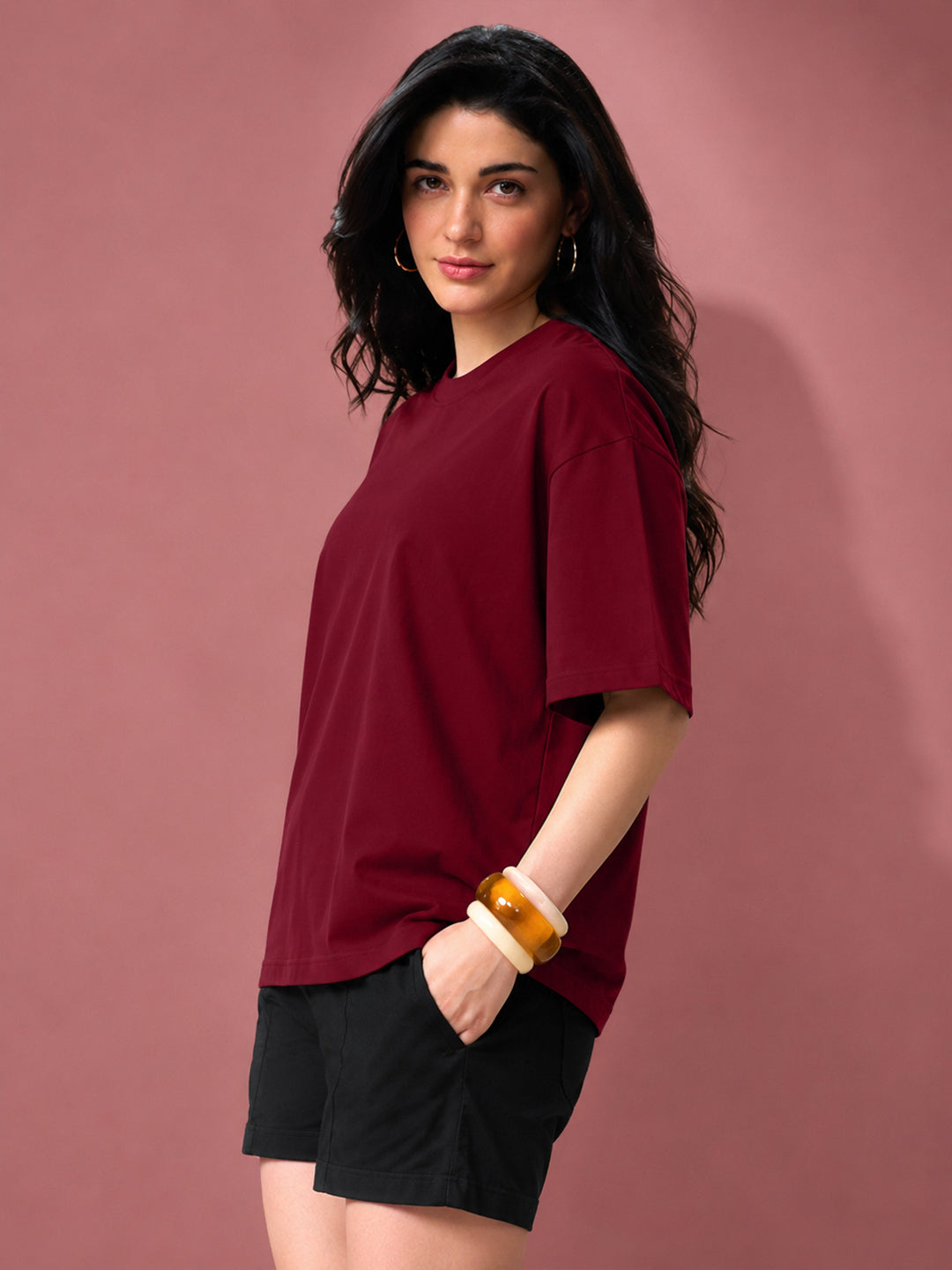 Leotude Oversized Plain T-Shirt — Women's Solid Cotton Drop-Shoulder Tee - Maroon