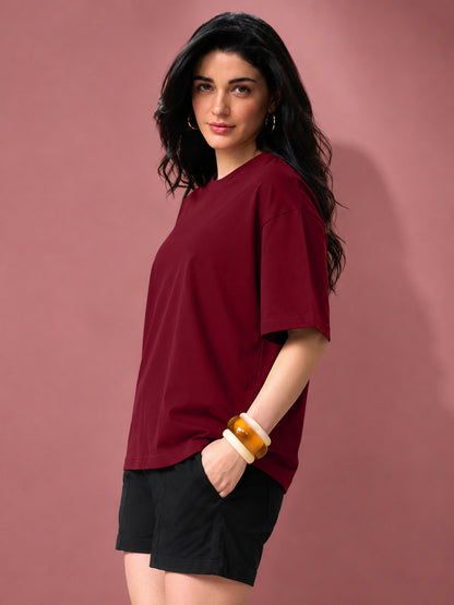 Leotude Oversized Plain T-Shirt — Women's Solid Cotton Drop-Shoulder Tee - Maroon