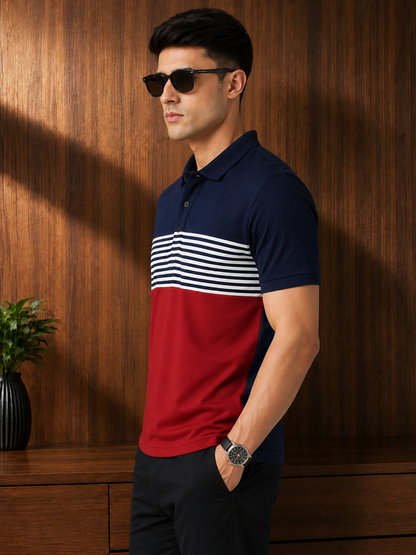 Leotude Men's Navy Striped Panel Colour Block Polo T-Shirt