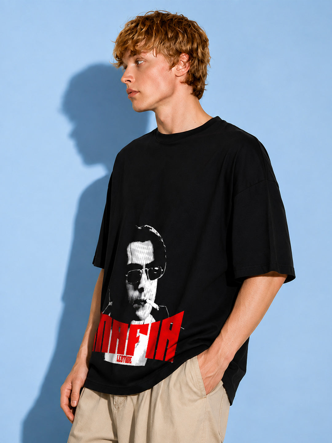 Leotude Men's Mafia Portrait Printed Black Oversized T-Shirt
