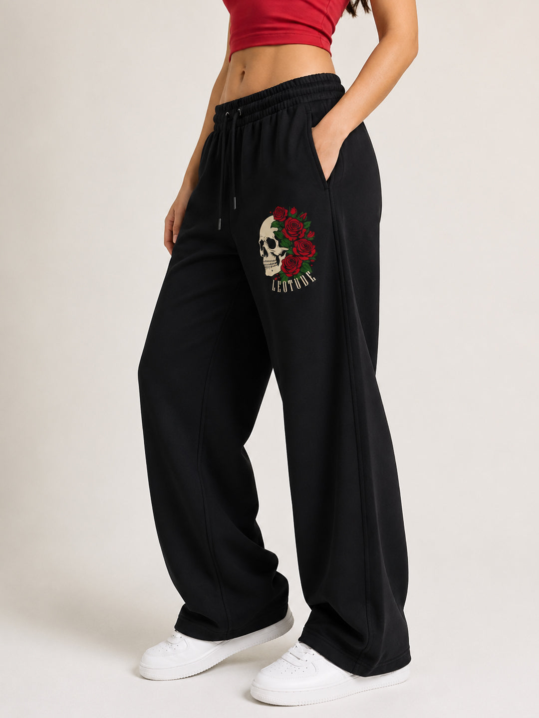 Leotude Women's Black Skull Rose Premium Trackpants
