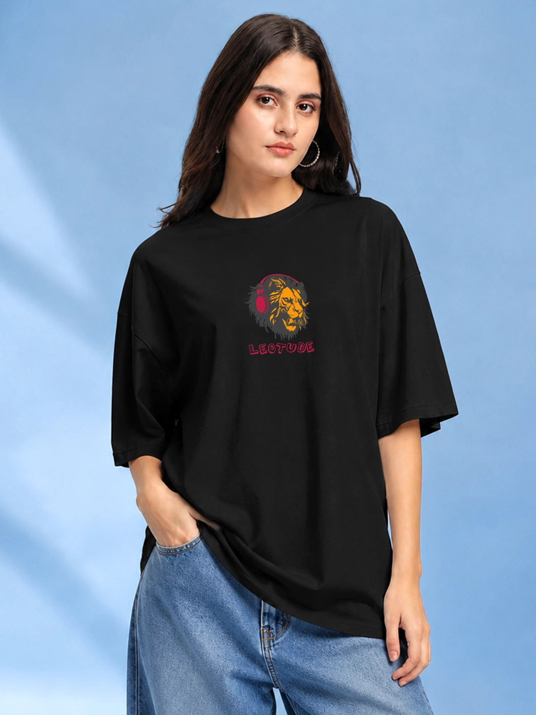 Leotude Black DJ Leo Printed Oversized Tshirt for Women