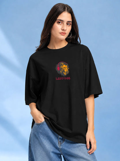 Leotude Black DJ Leo Printed Oversized Tshirt for Women