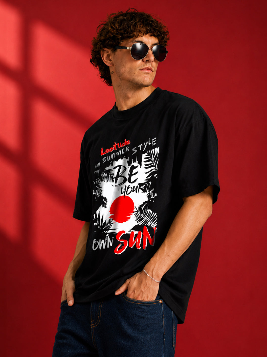 Leotude Men "Be Your Own Sun" Printed Oversized T-Shirt — Black Streetwear Tee
