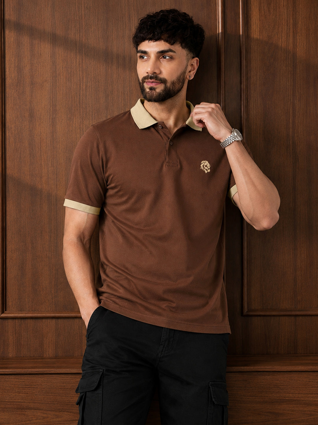 Leotude Men's Brown Contrast Collar Polo T-Shirt