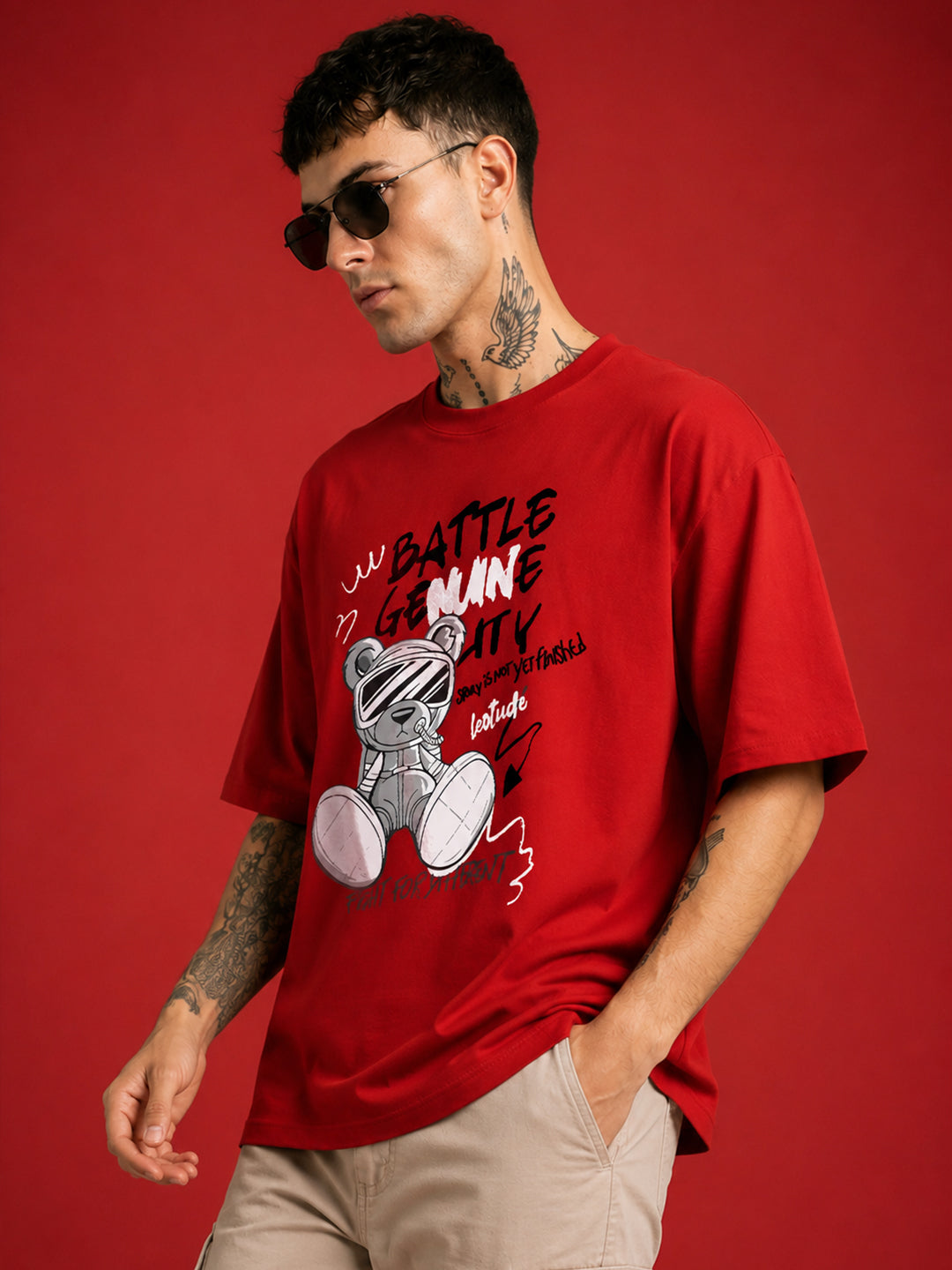 Leotude Men "Battle Genuine" Red Oversized T-Shirt