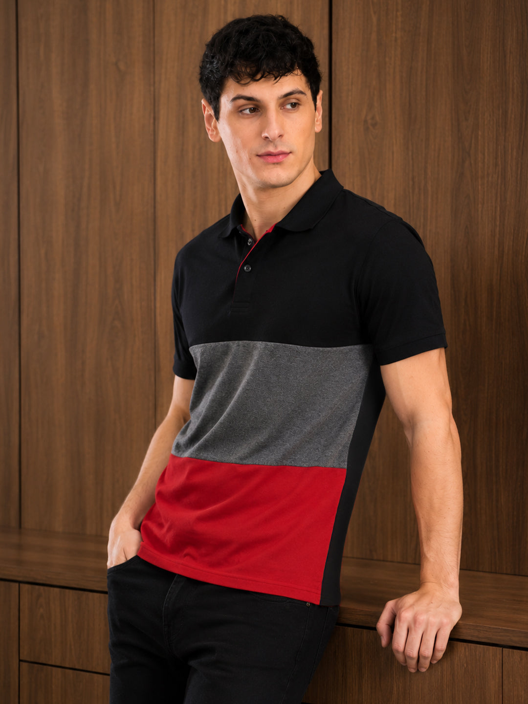 Leotude Men's Black Charcoal Red Colour Block Polo T-Shirt