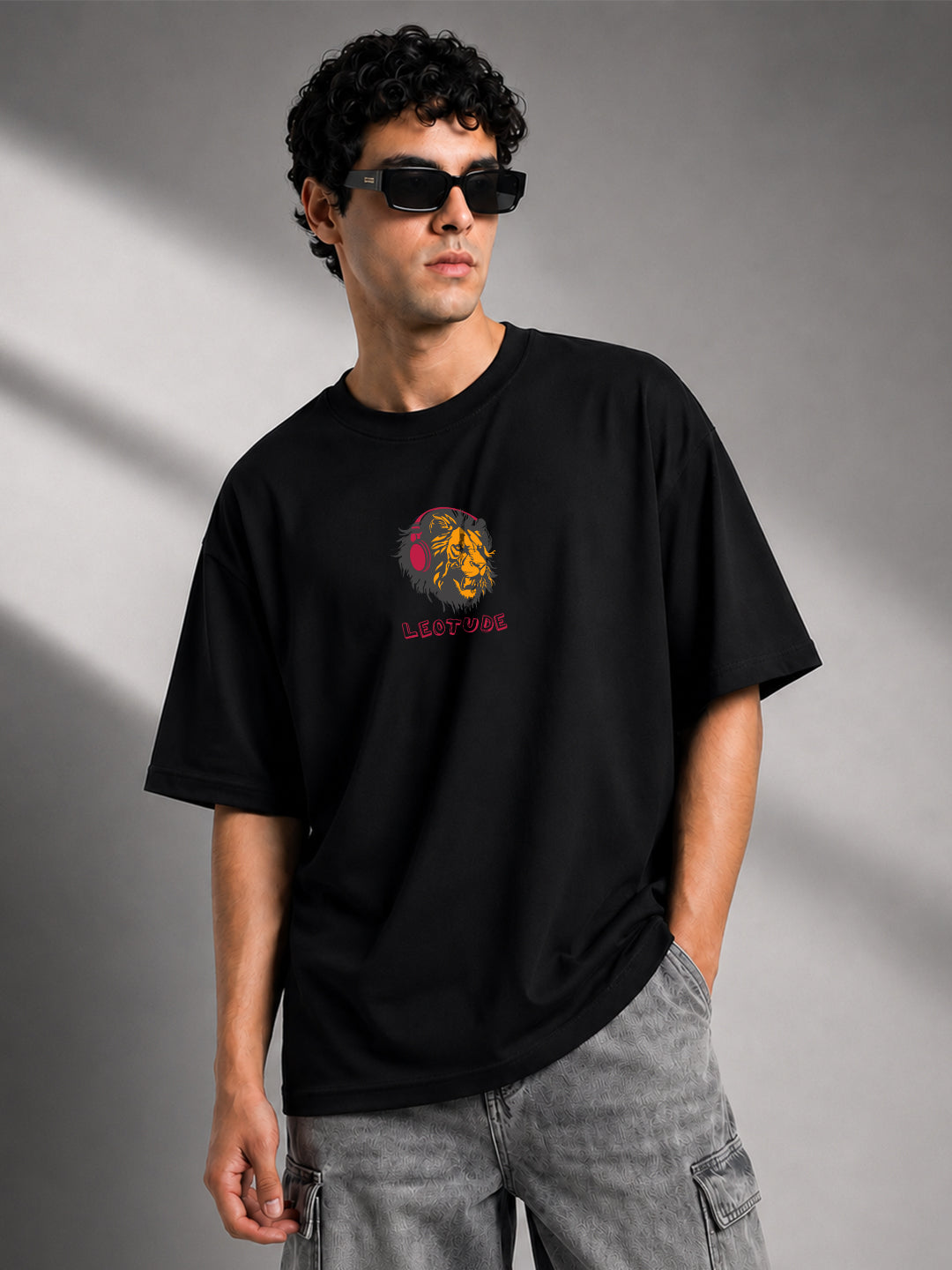 Leotude Black DJ Leo Printed Oversized Tshirt for Men