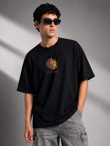 Leotude Black DJ Leo Printed Oversized Tshirt for Men