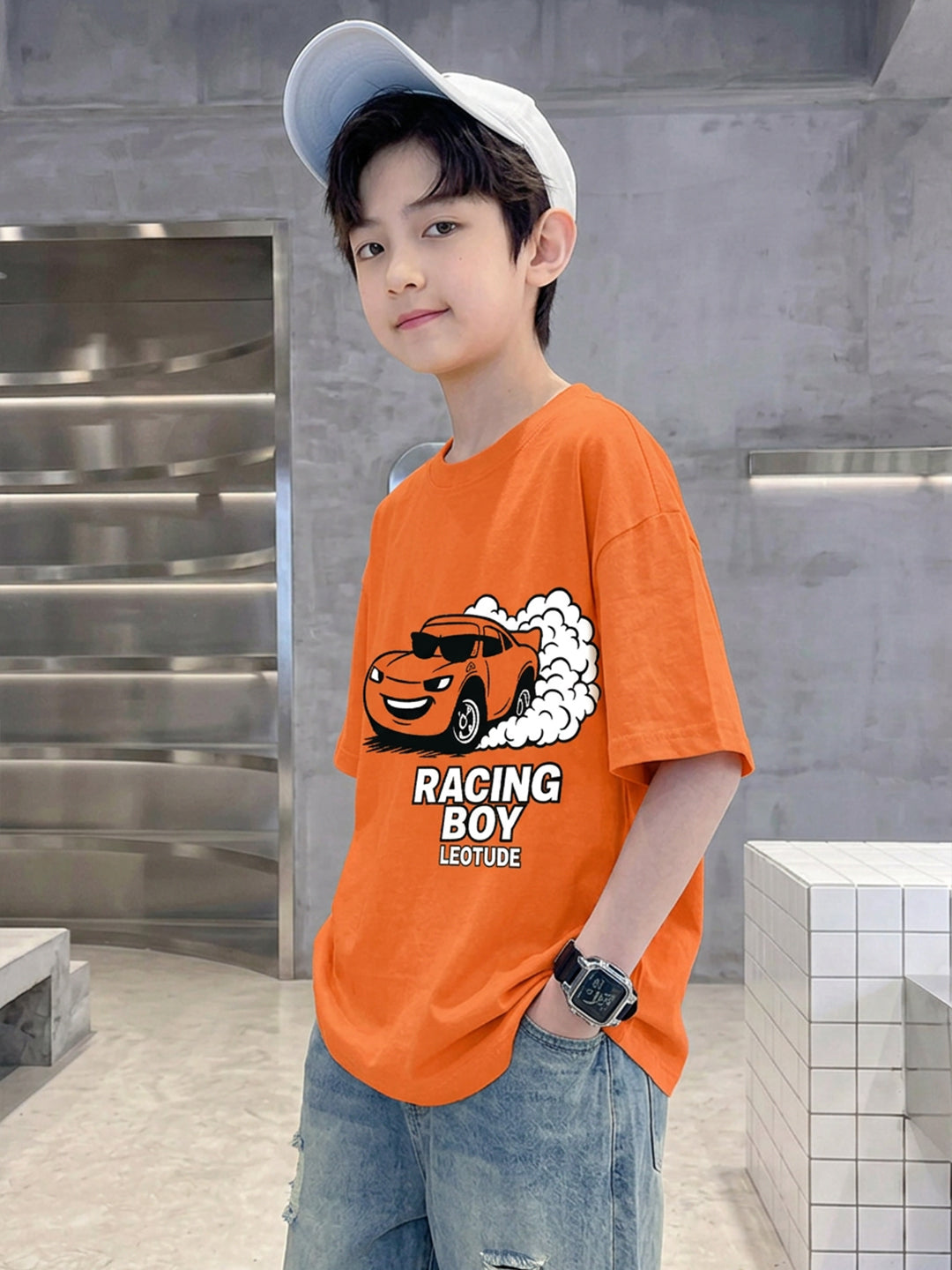 Leotude Boys' Orange Racing Boy Printed T-Shirt