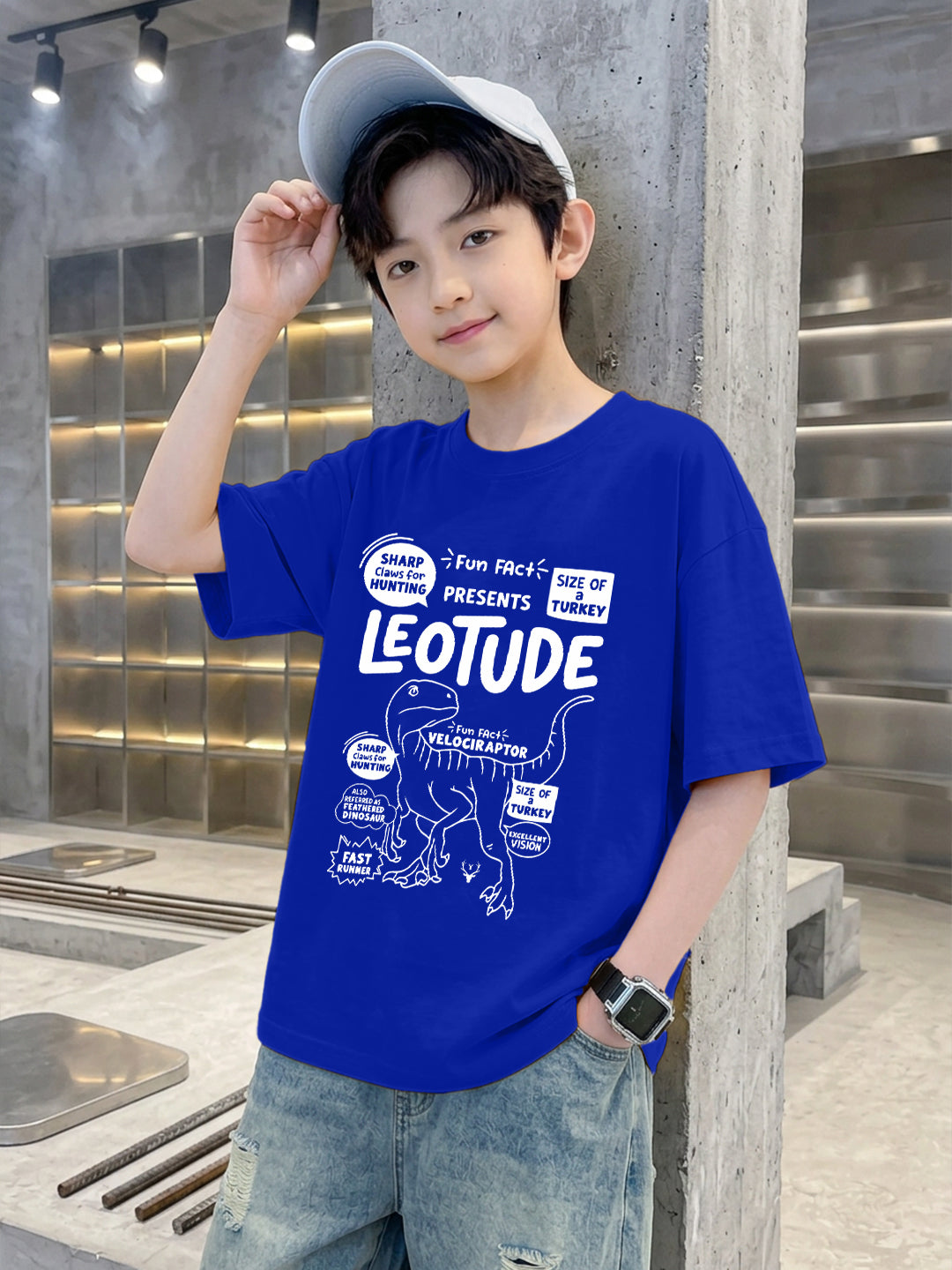 Leotude Boys' Blue Velociraptor Fun Facts Printed T-Shirt