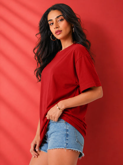 Leotude Oversized Plain T-Shirt — Women's Solid Cotton Drop-Shoulder Tee - Red