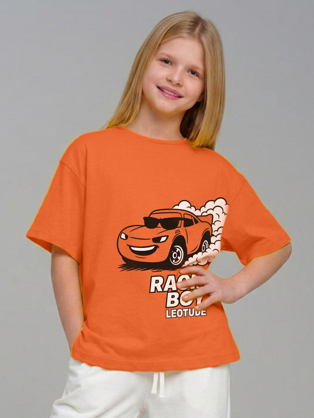 Leotude Girls' Orange Racing Boy Printed T-Shirt