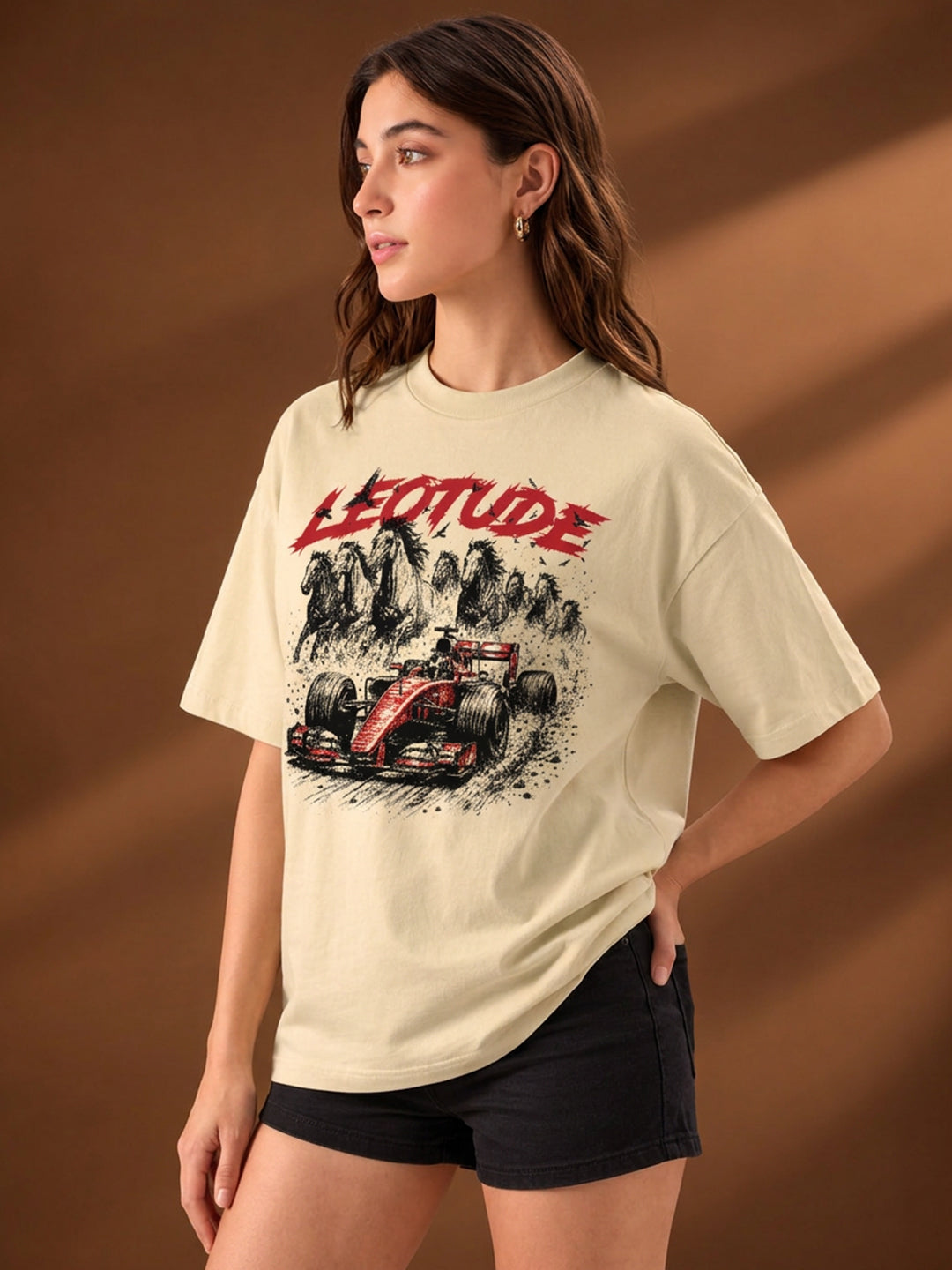 Leotude Women "Racing Stallions" Beige Oversized T-Shirt