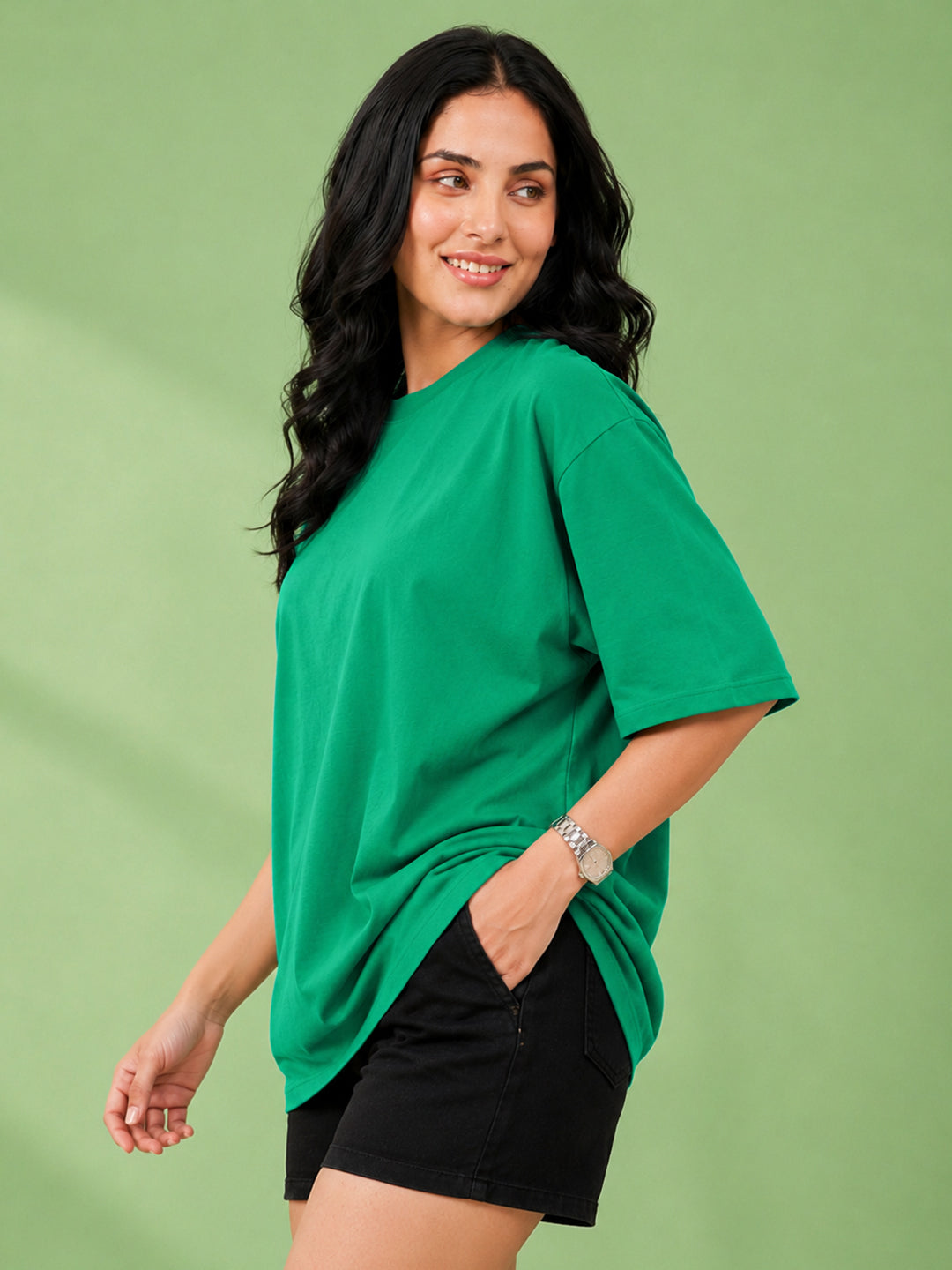 Leotude Oversized Plain T-Shirt — Women's Solid Cotton Drop-Shoulder Tee - Green