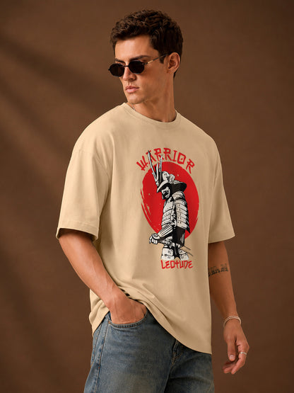 Leotude Men's "Warrior" Samurai Print Oversized T-Shirt — Beige Streetwear Tee