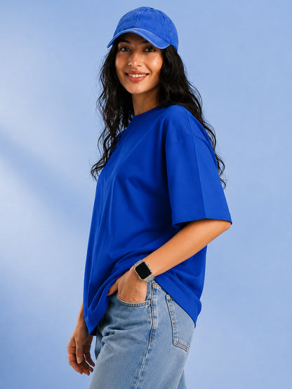 Leotude Oversized Plain T-Shirt — Women's Solid Cotton Drop-Shoulder Tee - Blue
