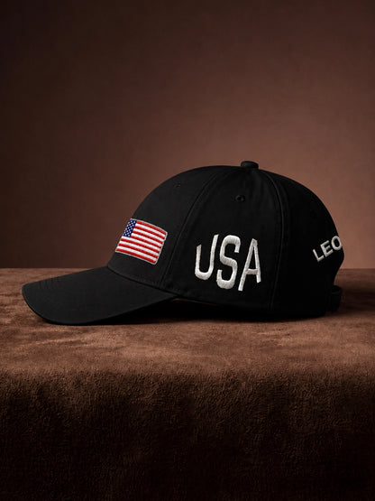 Leotude USA Flag Embroidered Cap — Unisex Cotton Baseball Cap (Black)