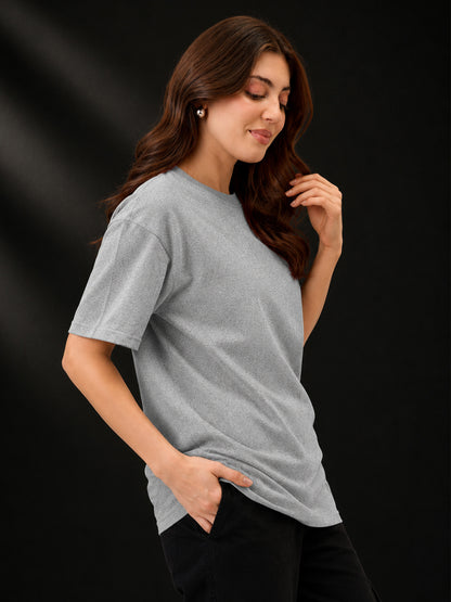 Leotude Oversized Plain T-Shirt — Women's Solid Cotton Drop-Shoulder Tee - Gray