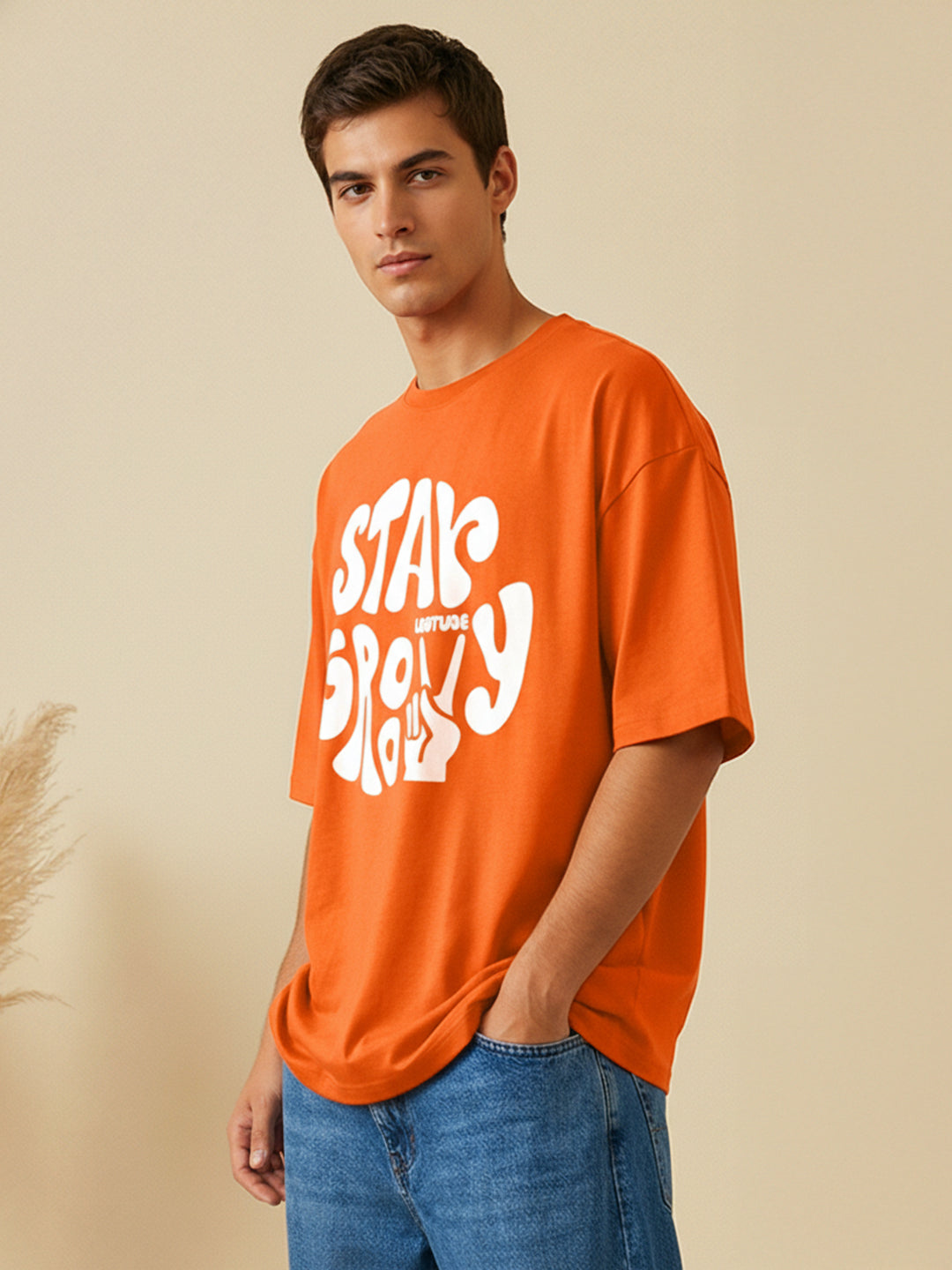 Leotude Orange Stay Groovy Printed Oversized Tshirt for Men