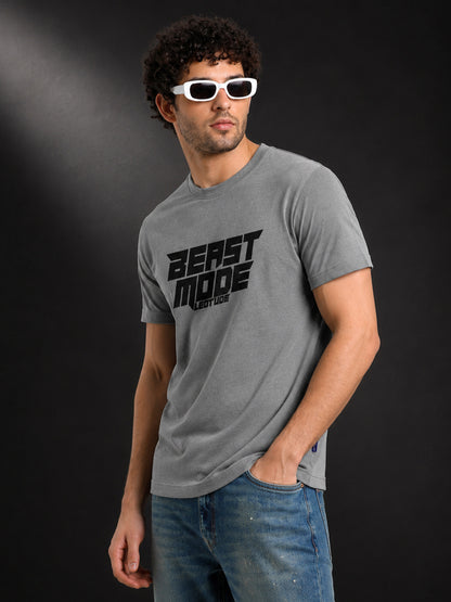 Leotude Grey Beast Mode Printed Regular Fit Tshirt for Men